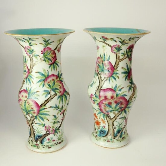 Pair of Antique Chinese Famille Rose Bats and Peaches Porcelain Vases, 19th Century