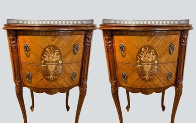Pair of Antique French Louis XVI Ormolu Mounted Marquetry Oval Side Tables