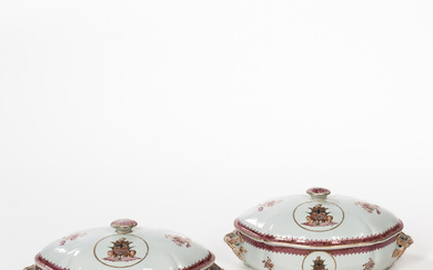 Pair of Armorial Export Porcelain Serving Dishes and Covers