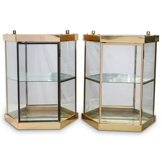 Pair of Brass & Glass Wall Display Cabinets