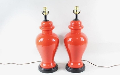 Pair of Bright Red Glass Lamps,Hollywood Regency