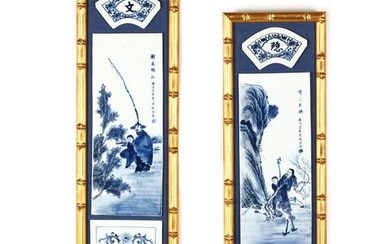 Pair of Chinese Framed Blue & White Porcelain Plaques