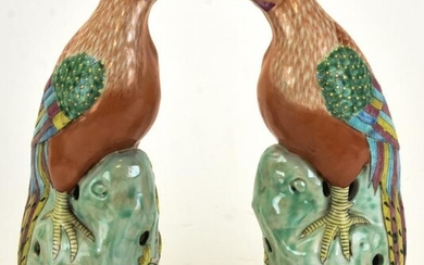 Pair of Chinese Hand Painted Rooster Statues