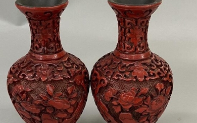 Pair of Chinese Red Cinnabar Vase