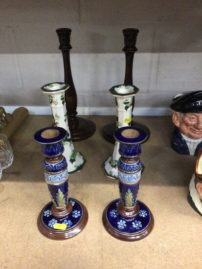 Pair of Doulton Lambeth candlesticks, pair of Mason's Chartreuse candlesticks, and a pair of turned wood candlesticks (6)