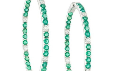 Pair of Emerald and Diamond Hoop Earrings