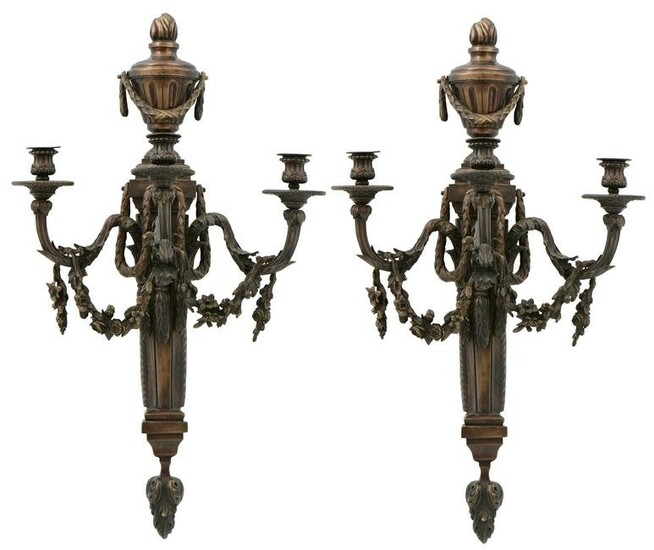 Pair of French Bronze Three-Light Sconces, Ferdinand Ba