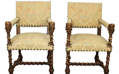 Pair of French armchairs with barley twist and knights' heads arms