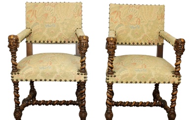 Pair of French armchairs with barley twist and knights' heads...