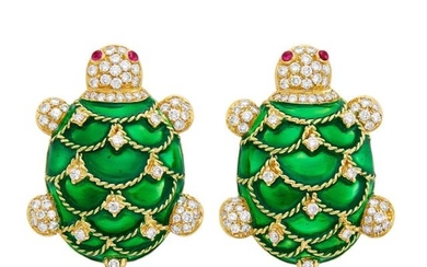 Pair of Gold, Green Enamel and Diamond Turtle Cufflinks