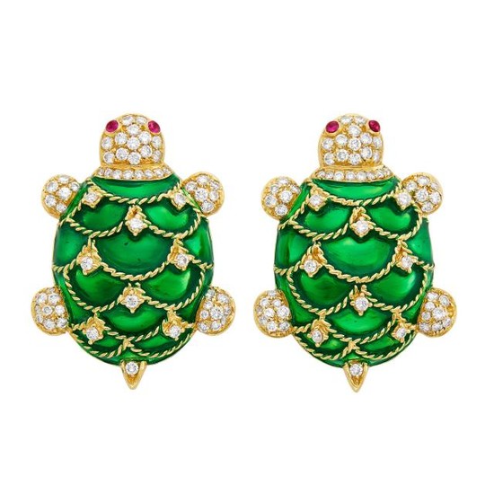 Pair of Gold, Green Enamel and Diamond Turtle Cufflinks
