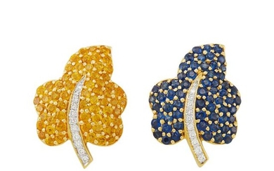 Pair of Gold, Sapphire, Yellow Sapphire and Diamond Leaf Clip-Brooches