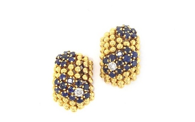 Pair of Gold, Sapphire and Diamond Bombé Earclips