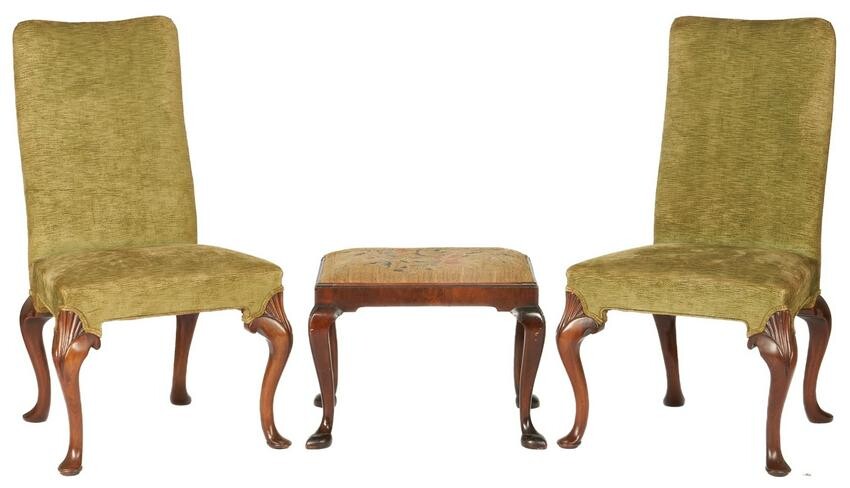 Pair of Irish Queen Anne chairs + footstool