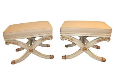 Pair of Maison Jansen Style X-Form Benches or Footstools Ivory and Parcel Gilt