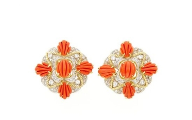 Pair of Two-Color Gold, Fluted Coral and Diamond Earrings