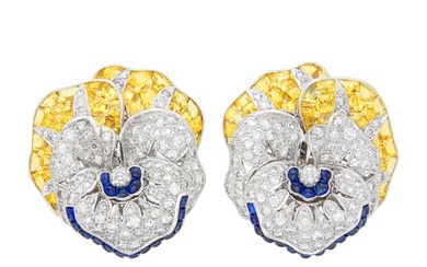 Pair of White Gold, Multicolored Sapphire and Diamond Pansy Earclips