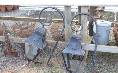 Pair of antique French black painted street lanterns, with s...