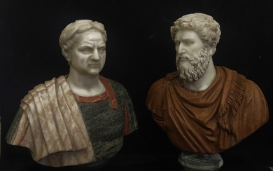 Pair of busts of Roman emperors in polychrome marble