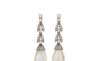 Pair of natural pearl and diamond earrings