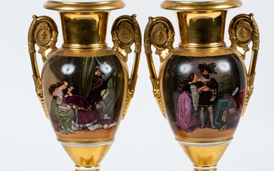 Paire de vases balustres en porcelaine à décor peint de scènes troubadours sur fond doré....