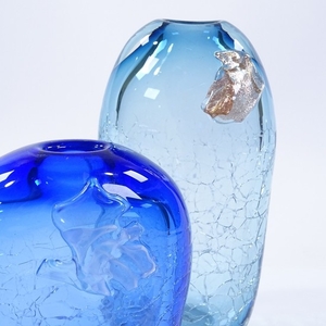 Patrick Stern, 2 blue/aqua crizzled glass vases, largest hei...