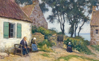 Paul MADELINE 1863 - 1920 Paysage breton animé d'un couple et d'un enfant - 1905