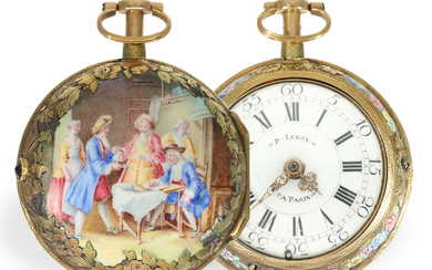Pocket watch: extremely rare rococo 4-colour gold verge watch with painting and strike on bell, ca. 1760