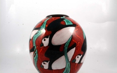 Poole Pottery 'Puffins' vase, signed by N Massarella.