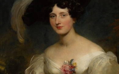 Portrait of Mrs. Hart Davis, half length, in a white gown with a gold sash and a black velvet hat, Sir Thomas Lawrence, P.R.A.