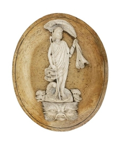 RARE AND UNUSUAL SCRIMSHAW WHALEBONE PLAQUE Carved whalebone figure of Neptune mounted on an oval piece of whale vertebrae. Neptune...