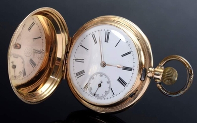 RG 585 3-lid pocket watch, lever movement, Breguet spring, 3/4 plate, white enamel dial with Roman numerals, Arabic numerals and minute indices, small seconds, monogram cartouche, Breguet hands, crown and bail gilded, No. 32716, Switzerland, 89.1g...