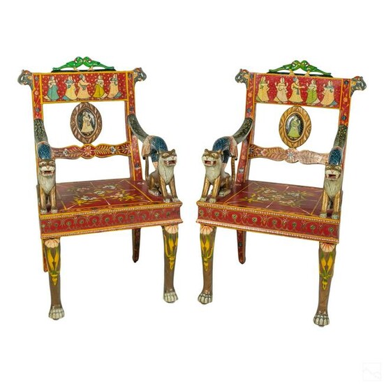 Robust Pair Carved Painted Indo Persian Arm Chairs