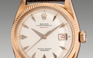 Rolex, Ref. 6305 A very fine, rare and attractive pink gold wristwatch with center seconds, roulette date and presentation box