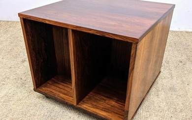 Rosewood Storage Cube Table. Open storage. Rolls on Cas