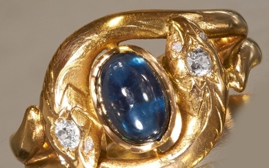 SAPPHIRE AND DIAMOND DOUBLE SNAKE RING, High carat gold. Cab...