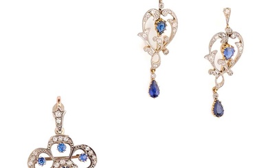SAPPHIRE AND DIAMOND PENDANT/BROOCH AND PAIR OF EAR PENDANTS, 1900s