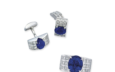 SAPPHIRE AND DIAMOND RING AND CUFFLINK SET