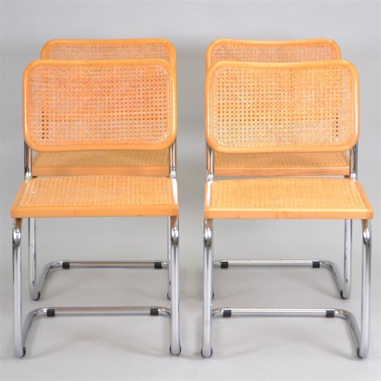 SET OF FOUR CANED CHROME SIDE CHAIRS AFTER MIES VAN DER ROHE