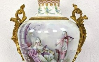SEVRES Brass Bronze Mounted Porcelain Urn. Antique. Gil