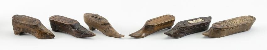 SIX ENGLISH/CONTINENTAL SHOE-FORM CHIP-CARVED TREEN