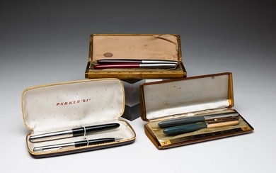SIX VINTAGE PARKER 51 FOUNTAIN PENS AND PENCILS, PAIRED AND IN BOXES.