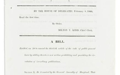 (SLAVERY & ABOLITION.) Group of 5 bills proposed to the Maryland legislature to restrict the