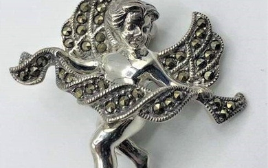 STERLING SILVER & MARCASITES Winged Cupid Brooch