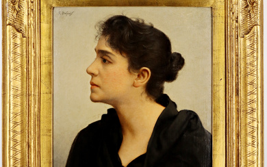 Scuola francese del secolo XIX "Profilo femminile" olio su tela applicata a tavola (cm 43x33) firmato in alto a…