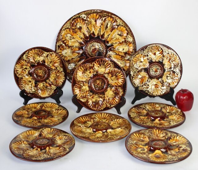 Set of 8 French Majolica oyster plates and 1 platter