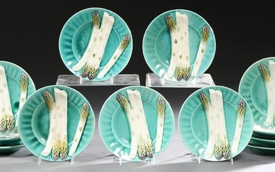 Set of Twelve French Majolica Asparagus Plates, early
