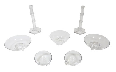 Seven Piece Glass Group, 20th c., Tiffany Candlesticks- H.- 11 in., Dia.- 4 3/4 in. (7 Pcs.)