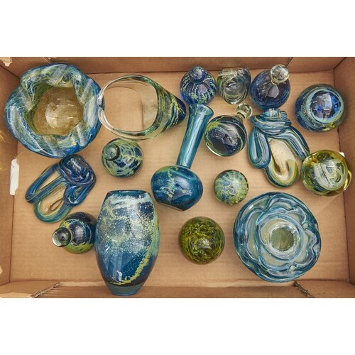 Seventeen Mdina glass vases, paperweights and objects, large...