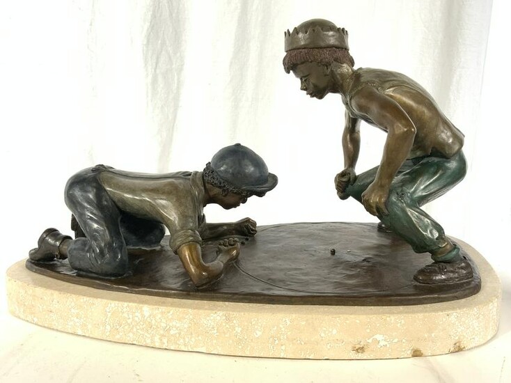 Signed ED SLATER Bronze Boys Playing Marbles